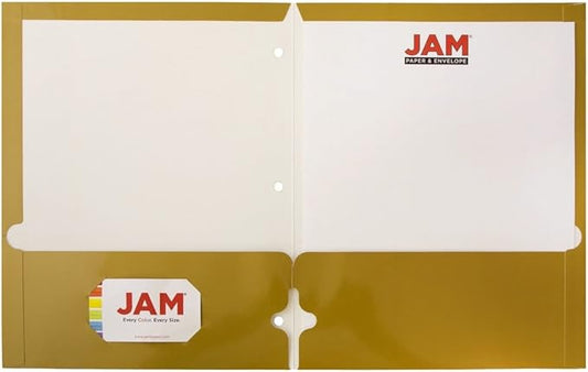 JAM PAPER Laminated Two Pocket Glossy 3 Hole Punch School Folders - Letter Size - High Gloss Gold - Bulk 25/Pack