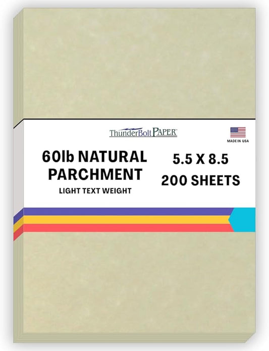 200 Natural Parchment 60# Text (=24# Bond) Paper Sheets - 5.5 X 8.5 Inches Half Letter | Statement Size - 60 Pound is Not Card Weight - Vintage Colored Old Parchment Semblance