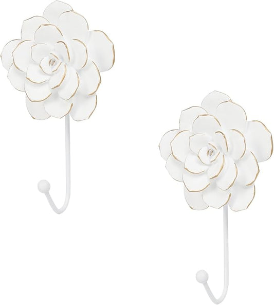 Guichifun Flower Coat Hooks Wall Decor - 2pcs Resin White Decorative Wall Hooks for Hanging Clothes Coats Towels Keys Bags Hats Bathroom Home Decoration Gift 4 x 1.5 x 7 Inch