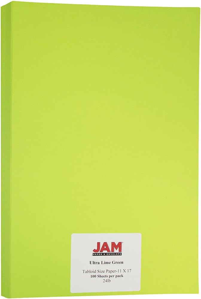 JAM PAPER Ledger Matte 24lb Paper - 90 gsm - 11 x 17 Tabloid - Ultra Lime Green - 100 Sheets/Pack