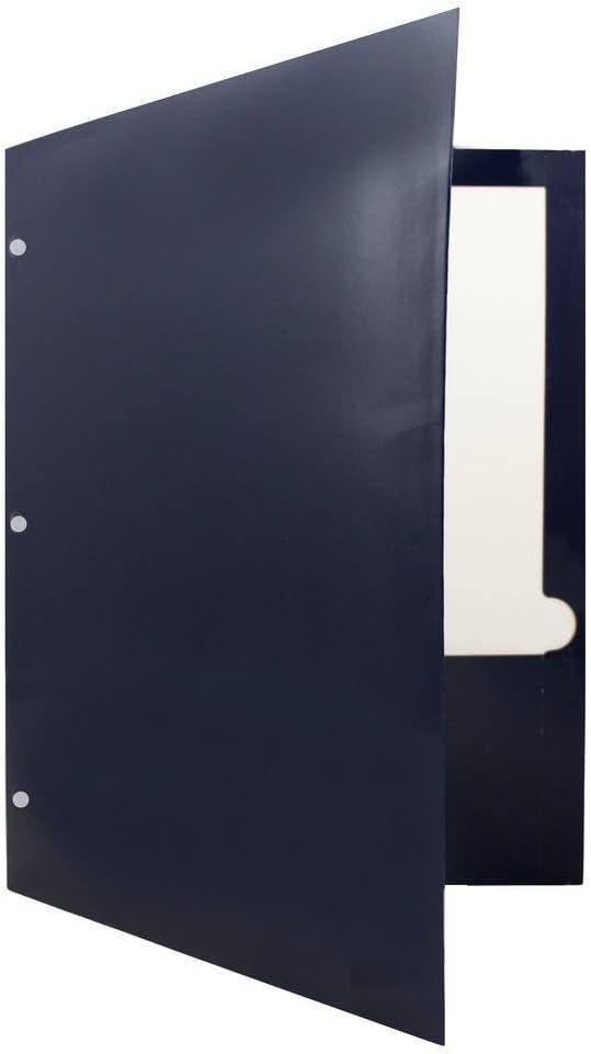 JAM PAPER Laminated Two Pocket Glossy 3 Hole Punch School Folders - Letter Size - High Gloss Navy Blue - Bulk 100/Box