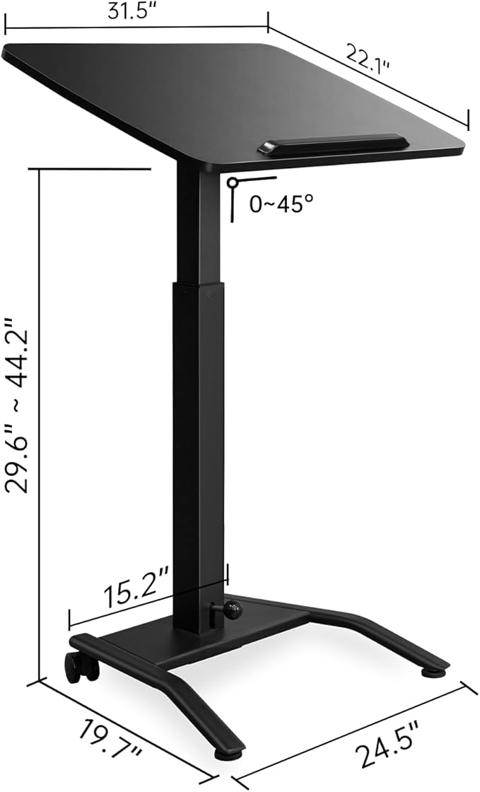 Mobile Standing Desk with 45° Tilting Desktop, Portable Rolling Standing, Height Adjustable Sit Stand Foldable with Wheels, Mobile Desk Workstation for Home Office (Black, Large)