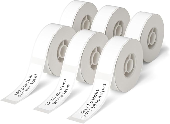 Label Maker Tape NIIMBOT D11 6 Rolls Adapted Cable Label Print Paper Standard Laminated Office Labeling Tape Replacement for D11 Handheld Label Machine Oil Proof Waterproof Tearproof (12 * 40WHITE)