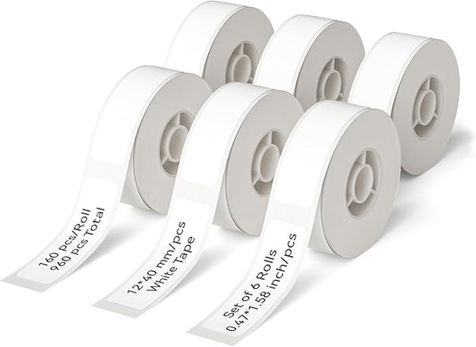 Label Maker Tape NIIMBOT D11 6 Rolls Adapted Cable Label Print Paper Standard Laminated Office Labeling Tape Replacement for D11 Handheld Label Machine Oil Proof Waterproof Tearproof (12 * 40WHITE)