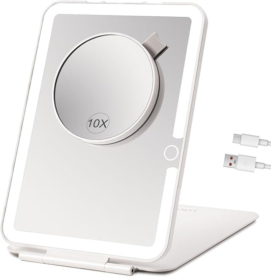 Rechargeable Travel Makeup Mirror with Lights, Portable Lighted Vanity 10X Magnification, 70 LEDs 3 Color Dimmable Touch Screen, Tabletop Folding Compact Cosmetic (White With 2000mah Battery)