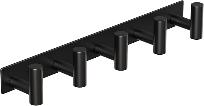Wall Mounted Coat Rack-5 Hooks, Heavy Duty Stainless Steel Hook Rail for Towel Coat Hat Purse Bag Jacket, Towel Hooks for Entryway Bathroom Kitchen (Black 5 Hooks - 1 Pack)
