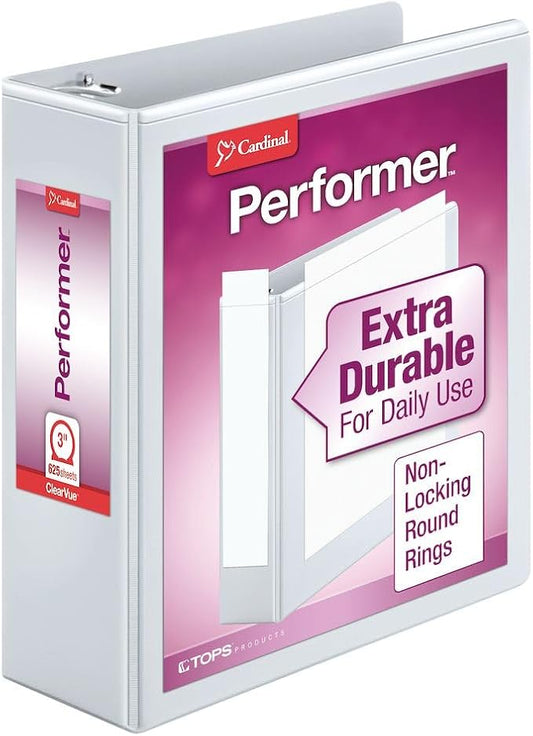 Cardinal 3 Ring Binder, 3 Inch Performer ClearVue Binder, Round Rings, 625-Sheet Capacity, Customizable ClearVue Covers, PVC-Free, White (67524)