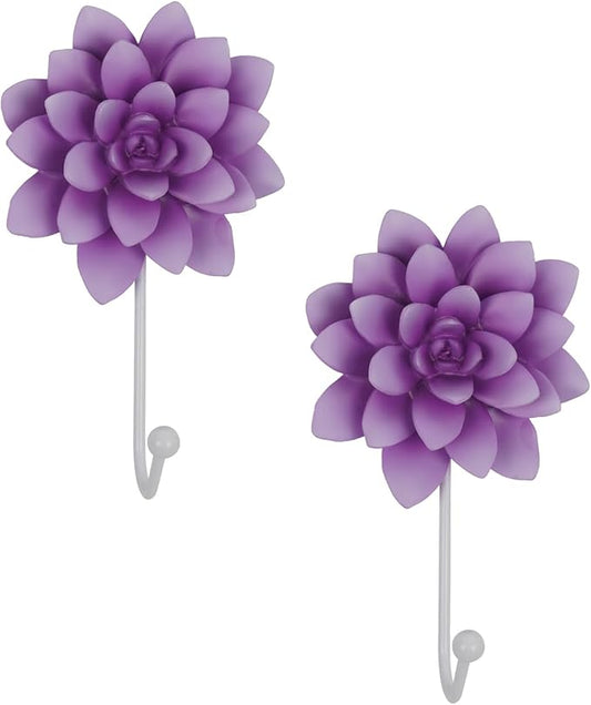 Guichifun Flower Shaped Decorative Wall Hooks - 2pcs Resin Purple Vintage Decor Hanger for Keys, Bags, Towels Bathroom Living Room Kitchen Home Decoration Gift 4 x 1.5 x 7 Inch