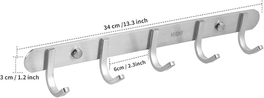Coat Hook Rack Hanger –Towel Hook Rail with 5 Hooks 13-Inch Wall Mounted for Bedroom, Bathroom, Hallway, Garage, Garden, Office, 304 Stainless Steel Brushed Nickel, Easy Installation (Silver)