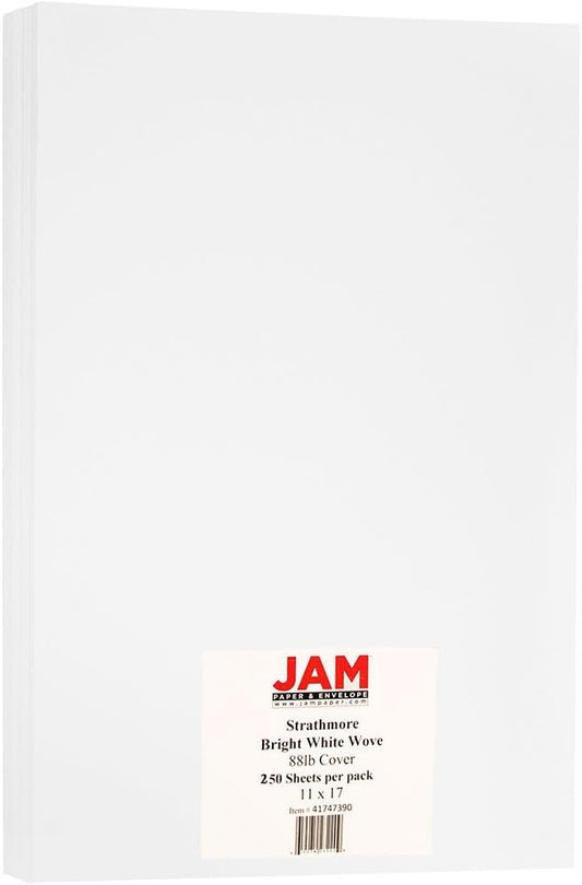 JAM PAPER Ledger 80lb Cardstock - 11 x 17 - Tabloid Coverstock - 237 gsm - Bright White Wove Strathmore - 25% cotton - 250 Sheets/Ream