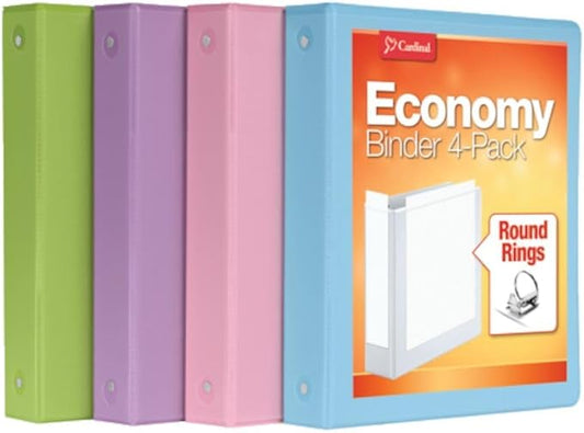 Cardinal 3 Ring Binders, Binders for School and Office, Durable 1.5 Inch, Round Rings, Holds 350 Sheets, ClearVue Presentation View, Non-Stick, Assorted Pastel Colors, 4 Pack (79552)