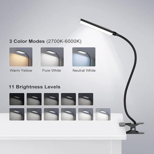 LED Desk Lamp with Clamp for Home Office, MONGERY Dimmable Clip on Desk Light with USB Port, 3 Color Modes 11 Brightness Flexible Gooseneck Reading Lamp for Studying Working, Black
