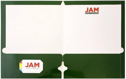 JAM PAPER Laminated Two Pocket Glossy 3 Hole Punch School Folders - Letter Size - High Gloss Green - Bulk 25/Pack