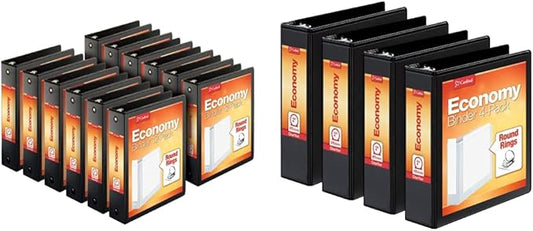 Cardinal 2" Economy 3-Ring Binders, Round Rings, Holds 475 Sheets, ClearVue Presentation View, Non-Stick, Black, Carton of 12 (90640) & 4 Pack (79522)