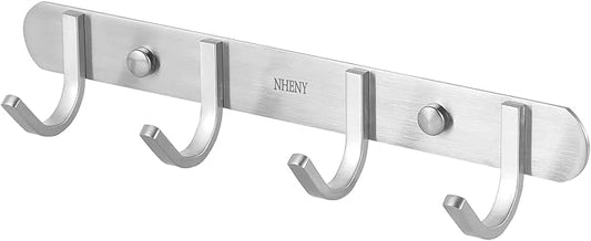 Coat hook Wall Mount - NHENY Towel hook Rack with 4 Hooks 11-inch hanger for Hanging Clothes, Bags, Keys, Easy to Install Rail for Bedroom, Bathroom, Entryway, Door, 304 Stainless Steel Brushed Nickel