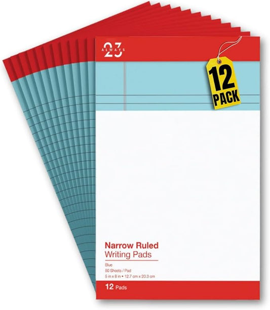 Always23 Notepads, Office Legal Pads, Writing Pads, Narrow Rule, 50 Blue Sheets, 5 x 8 Sheets, 12 pack