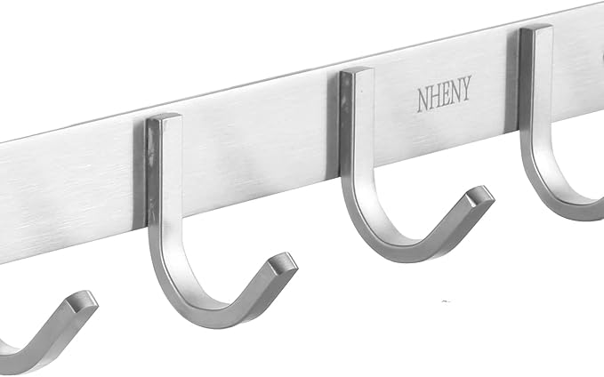 Coat Hook Wall Mount - NHENY Towel Rack with 6 Hooks Hanger for Hanging Clothes, Bags, Keys, and Towels Bathroom, Entryway, Door, 304 Stainless Steel Brushed Nickel
