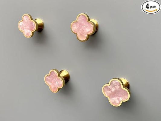 Solid Brass Decorative Wall Hooks, Coat Backpack Purse Screw-in Hangers, Wall Mounted Fancy Champagne Gold Hooks (Blossom Pink 4 Pack)