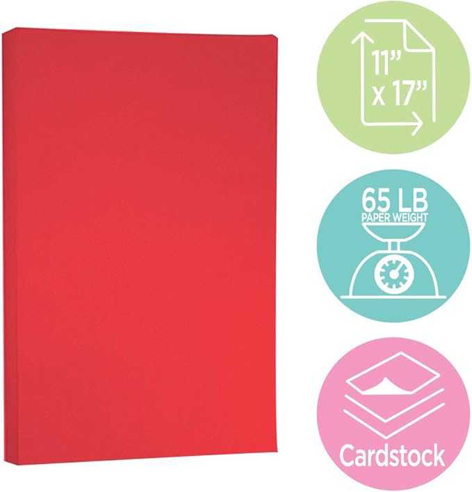 JAM PAPER Ledger 65lb Cardstock - 11 x 17 - Tabloid Coverstock - 176 gsm - Red Recycled - 50 Sheets/Pack
