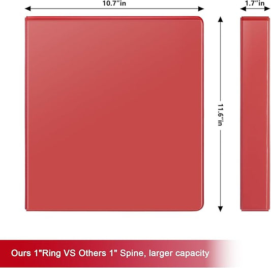 COMIX Sturdy 1 Inch Binders 3 Ring with Clear View Cover, 1" Slant-D Ring View Binder Holds 225 Sheets of US Letter Size Paper, 6 Pack (Red)
