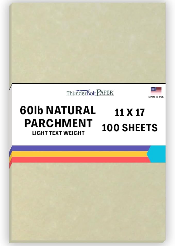 100 Natural Parchment 60# Text (=24# Bond) Paper Sheets - 11" X 17" (11X17 Inches) Tabloid|Ledger|Booklet Size - 60 Pound is Not Card Weight - Vintage Colored Old Parchment Semblance