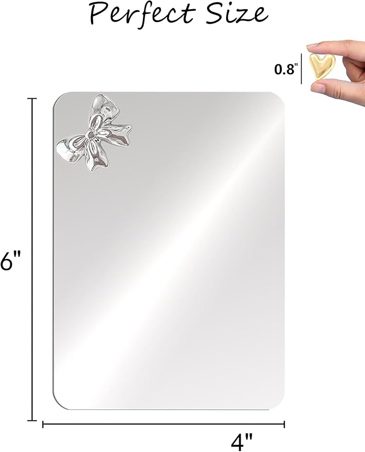 Magnetic Locker Mirror 4"x6" with Heart Magnets,Small Real Glass Frameless Magnetic Backing for School Locker, Bow Design, Makeup Mirror for Girls, Bathroom, Refrigerator, Office Cabinet, Home