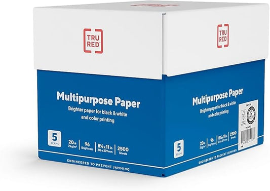 Staples TRU RED Color Printer Paper - 8.5" x 11", 1 Carton of 5 Reams for 2,500 Total Sheets, 20 lbs, 96 Bright Paper - Acid-Free and Engineered to Prevent Jamming