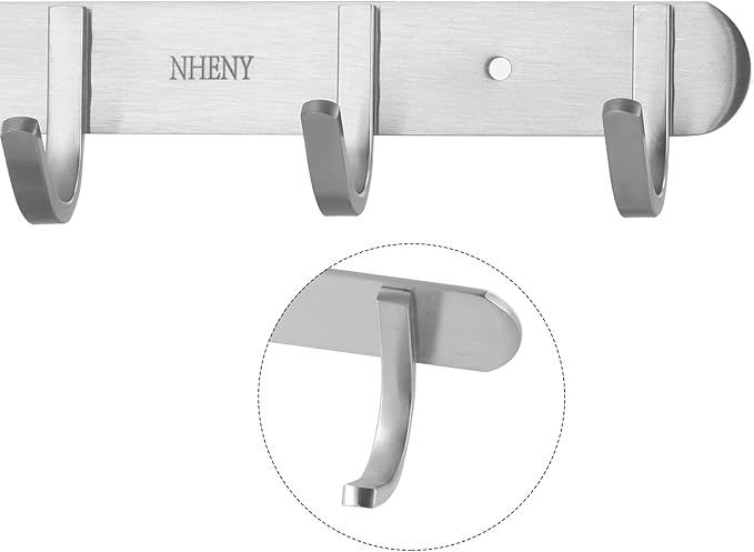 Coat Hook Wall Mount - NHENY Towel Rack with 6 Hooks Hanger for Hanging Clothes, Bags, Keys, and Towels Bathroom, Entryway, Door, 304 Stainless Steel Brushed Nickel