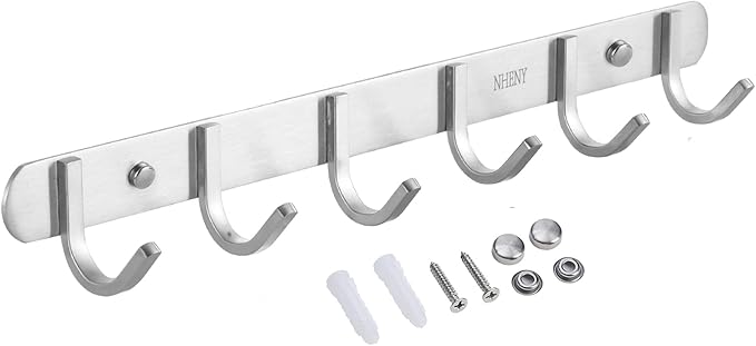 Coat Hook Wall Mount - NHENY Towel Rack with 6 Hooks Hanger for Hanging Clothes, Bags, Keys, and Towels Bathroom, Entryway, Door, 304 Stainless Steel Brushed Nickel