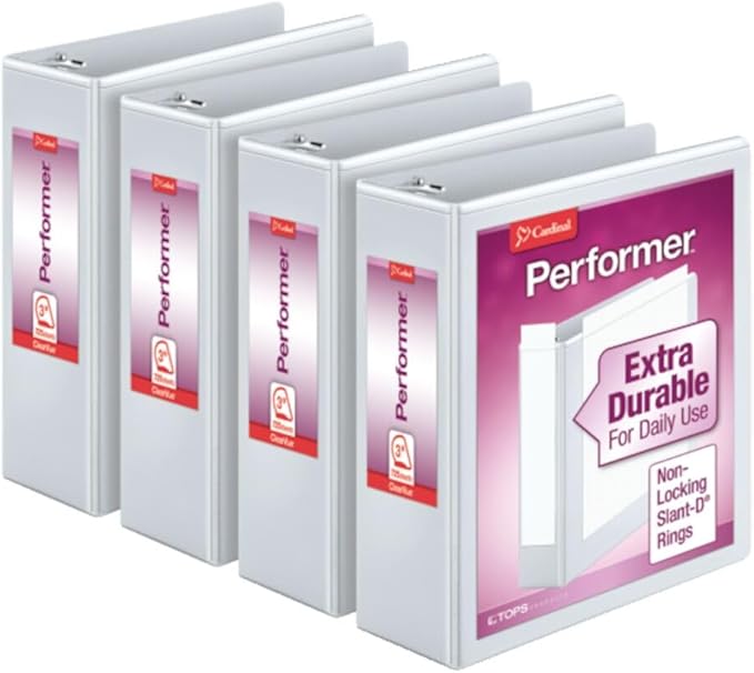 Cardinal Performer 3-Ring Binders, 3", Non-Locking Slant-D Rings, 725-Sheet Capacity, ClearVue Presentation, Non-Stick, PVC-Free, White, 4-Pack (27600)