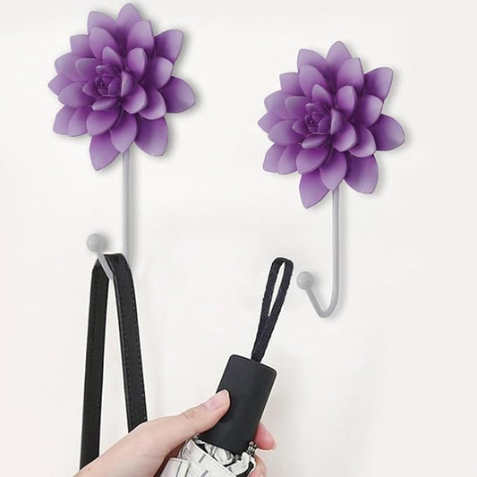 Guichifun Flower Shaped Decorative Wall Hooks - 2pcs Resin Purple Vintage Decor Hanger for Keys, Bags, Towels Bathroom Living Room Kitchen Home Decoration Gift 4 x 1.5 x 7 Inch