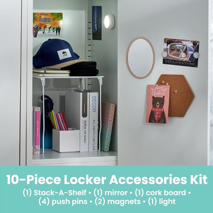 LockerMate by Bostitch 10-Piece Fashion Locker Kit with 12"" Stac-A-Shelf, Includes Mirror, Cork Board & Push Light, White/Crystal