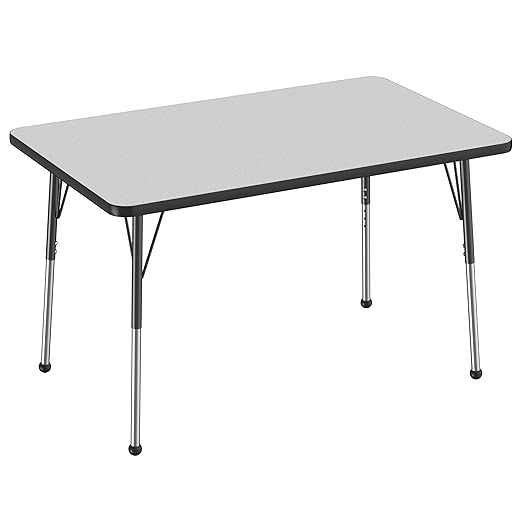 FDP Rectangle Activity School and Office Table (30 x 48 inch), Standard Legs with Ball Glides, Adjustable Height 19-30 inches - Gray Top and Black Edge