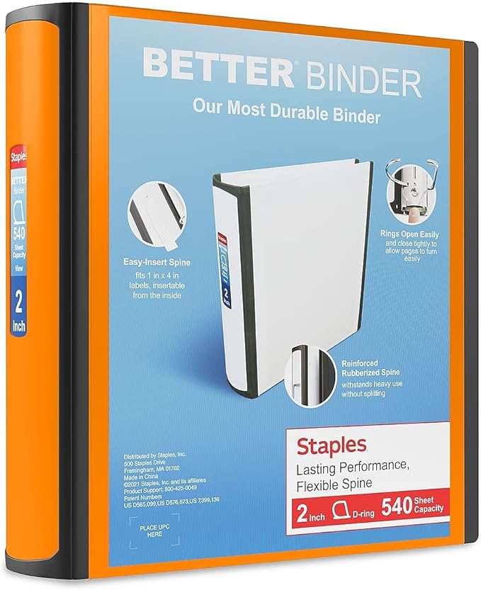 STAPLES 2"" 3-Ring Better Binder, Bright Orange (13469)"
