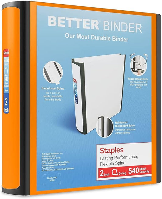 STAPLES 2"" 3-Ring Better Binder, Bright Orange (13469)"