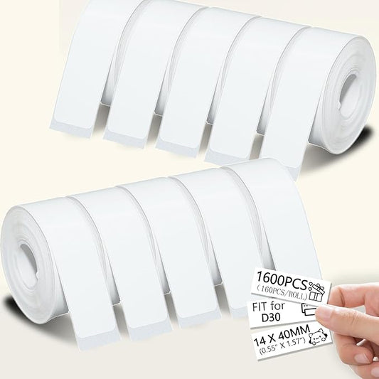 1600PCS White D30 Label Maker Tape, Thermal Printer Paper, Smart Mini Label Maker Refill for Office, Home, Shcool,14x40mm,160 Labels/Roll, 10 Rolls