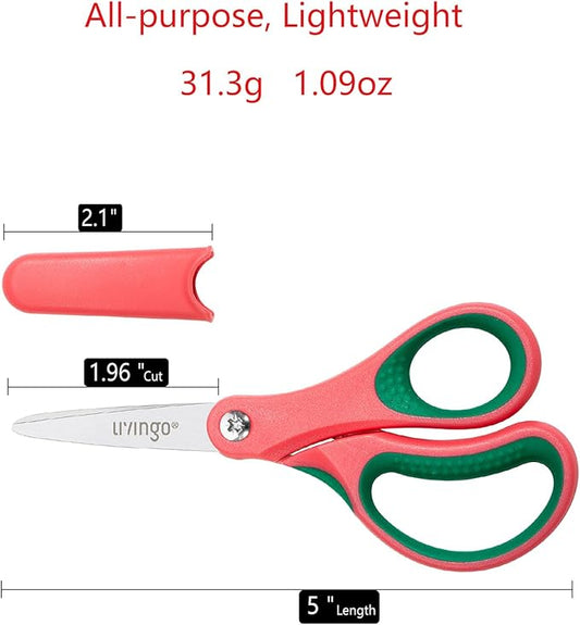 LIVINGO 5" Kids School Scissors: Small Safety Scissors Pointed Tip, Soft Handle Right Left Handed Use, Student Scissors for Craft, Classroom, Child, Toddler, Assorted Colors, 3 Pack