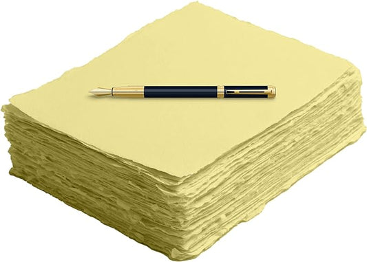 Handmade Cotton Paper with Deckle Edge Recycled Cotton Rag Mixed Media Card Stock for Watercolor, Writers, Invitations, Crafts (8x8 inch, 150gsm, 50 Pack, Yellow Color)