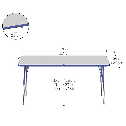 Factory Direct Partners FDP Rectangle Activity School and Office Table (24 x 60 inch), Standard Legs with Swivel Glides, Adjustable Height 19-30 inches - Gray Top and Blue Edge