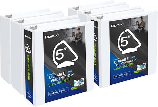 Comix Durable 3 Ring Binder, 5 inch D Ring Binders, Hold 950 Sheets of US Letter Size Paper, 6 Pack (White)