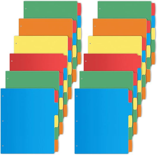 Jyusmile 12 Set Binder Dividers with 5 Tabs, Index Dividers for 3 Ring Binder, Multicolor Plastic Dividers with 3 Punch Holes, 60 Pcs Dividers for School & Office Supplies