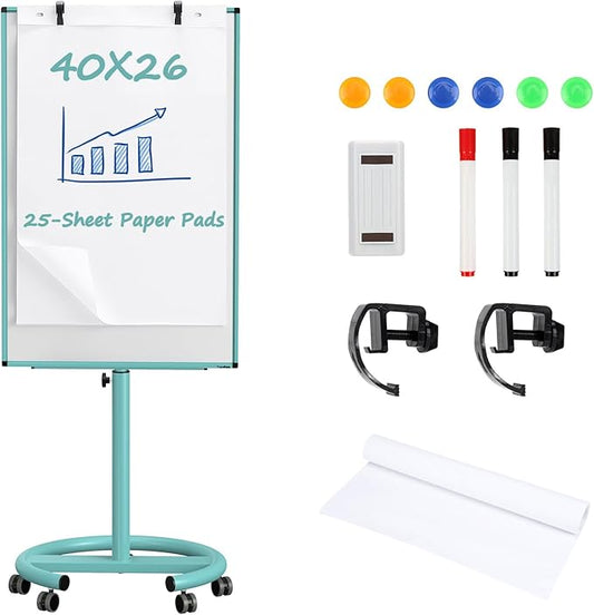 Mobile Whiteboard on Wheels, 40x26 Inches Magnetic Dry Erase Board with Stand, Standing Dry Erase Board with Paper Pads, Portable Rolling White Board for Classroom, School, Office, Home, Teacher