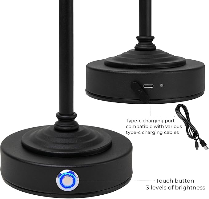Cordless LED Table Lamp: 5200mAh Portable Battery Operated Lamps for Living Room - Dimmable Desk Lamp for Bedside, Bar, Night Light, Dining Room, Camping, Patio (Dark Black)
