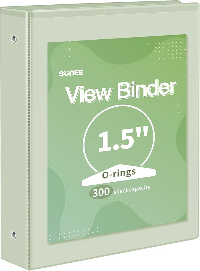 SUNEE 3 Ring Binder 1.5 Inch 1 Pack, Clear View Binder Three Ring PVC-Free (Fit 8.5x11 Inches) for School or Office Supplies, Green