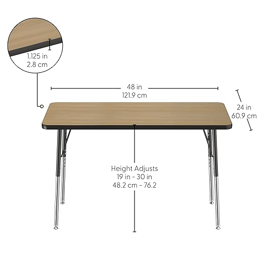 FDP Rectangle (24 x 48 inch) Classroom Table with Adjustable Standard Swivel Glide Legs (19-30 in); School and Office Furniture - Pasadena Oak Top/Black Edge and Legs