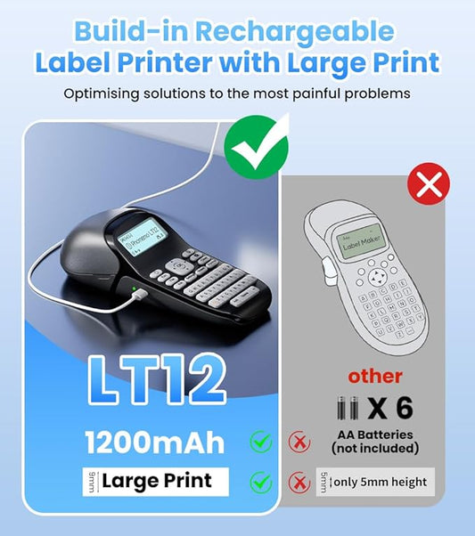 Phomemo LT12 Label Maker Machine with Tape, Rechargeable Label Makers with Waterproof Labels Portable Bluetooth Handheld Labeler with QWERTY Keyboard & 1600+ Icons, 30+ Fonts, for Home, Office, Gray