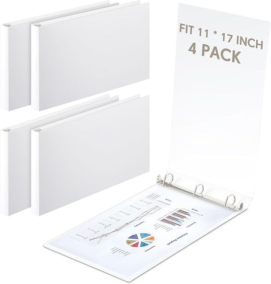 4 Pcs 11 x 17 Inch 3 Ring Binders 2 Inch Rings Heavy Duty View Plastic Flexible D Ring Binders Economy Holds 11" x 17" Paper for Artwork Blueprints, Office, Home, Work Places(White)