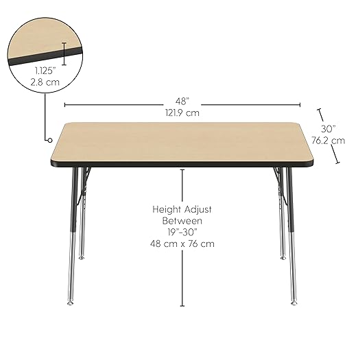 FDP Rectangle Activity School and Office Table (30 x 48 inch), Standard Legs with Swivel Glides, Adjustable Height 19-30 inches - Maple Top and Black Edge