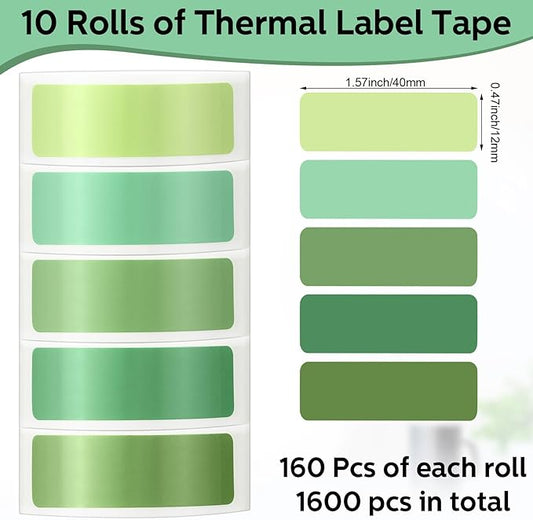 1600 Pcs Label Tapes 12 x 40 mm Laminated Stickers Replacement Compatible with D30 Portable Thermal Label Paper Printer Tapes Refill for Office 160pcs/roll(Green)