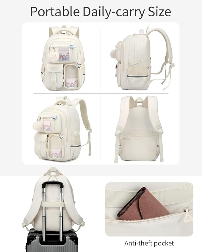 Backpack for Teen Girls, Cute Aesthetic School Backpacks with Accessories for Middle High School Students, Designer Backpack for Kids Bookbag, Beige